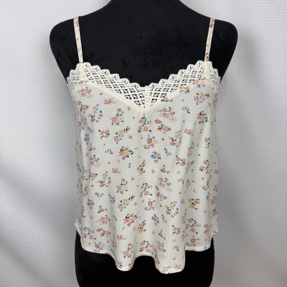 American Eagle Cropped Floral Lace-Trim Cami Tank Top - Ivory NWT Sz X Small
